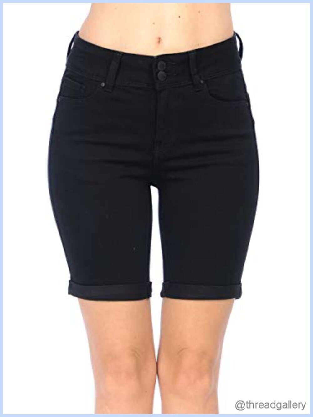 High Rise Bermuda Denim Shorts Butt Lifting Rolled Hem 2 Button